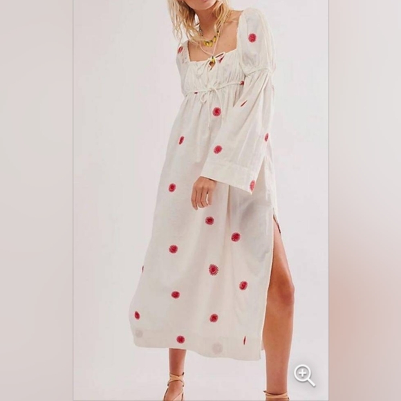 NWOT Free People Emory Embroidered Midi Dress in White and Red, Size XS - Picture 3 of 13